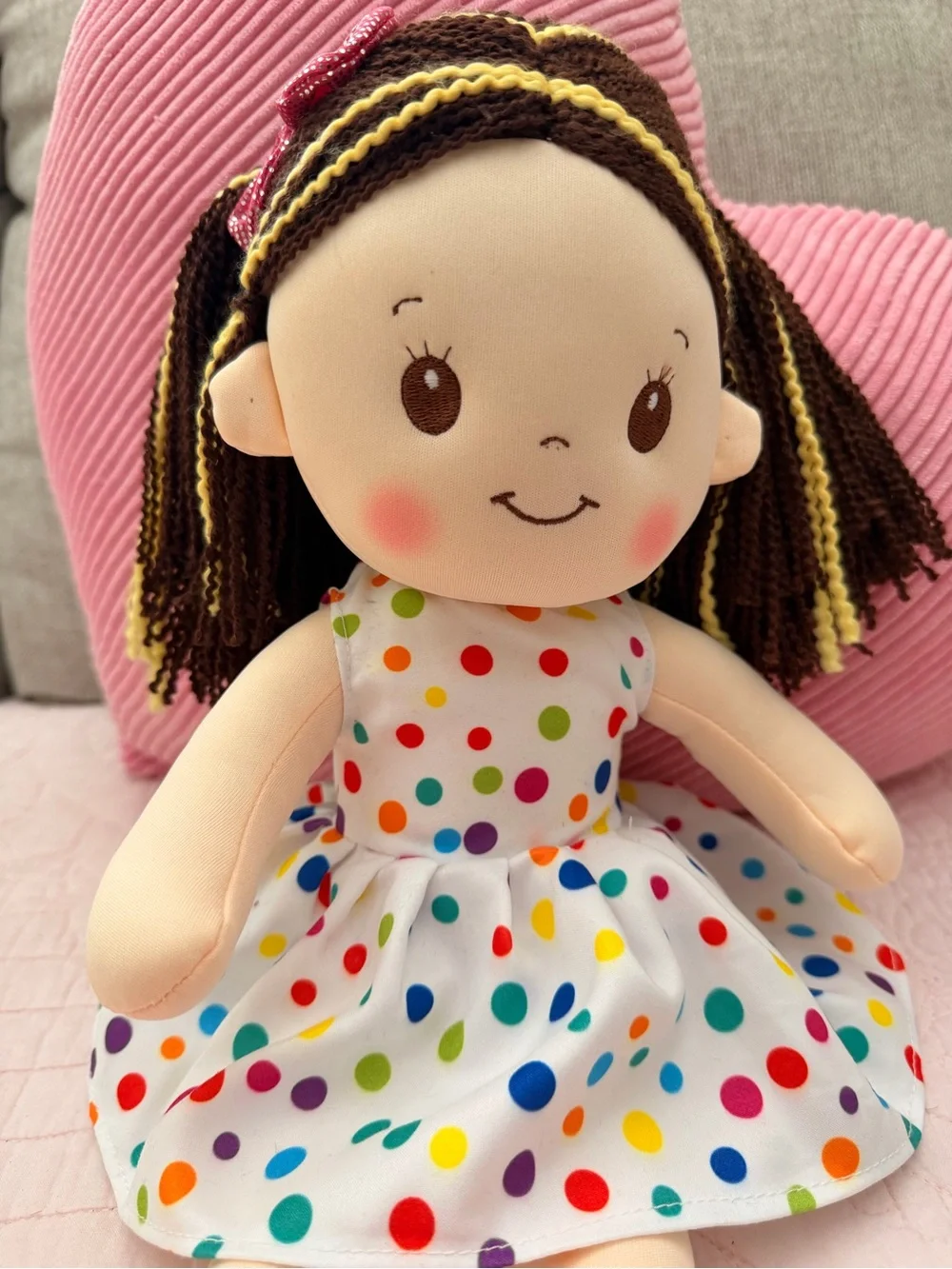 Plush Polka Dot Girl Doll - Pink Bow and Shoes